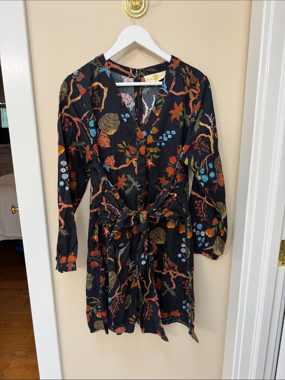 Floral Fall Black Tie-Waist Long Sleeve Dress